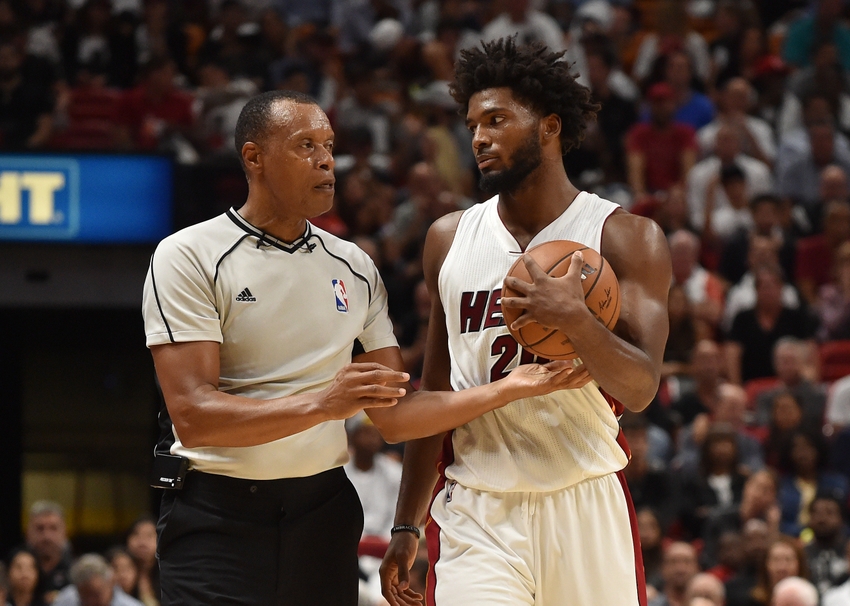 Oct 28, 2016; Miami, FL, USA; NBA referee Rodney Mott (L) talks with Miami Heat forward Justise Winslow (R) during the second half against the Charlotte Hornets at American Airlines Arena. The Charlotte Hornets won 97-91. Mandatory Credit: Steve Mitchell-USA TODAY Sports