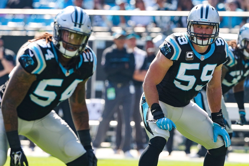 Oct 30, 2016; Charlotte, NC, USA; Carolina Panthers middle linebacker Luke Kuechly (59) and outside linebacker Shaq Green-Thompson (54) against the Arizona Cardinals during the first quarter at Bank of America Stadium. Mandatory Credit: Jim Dedmon-USA TODAY Sports