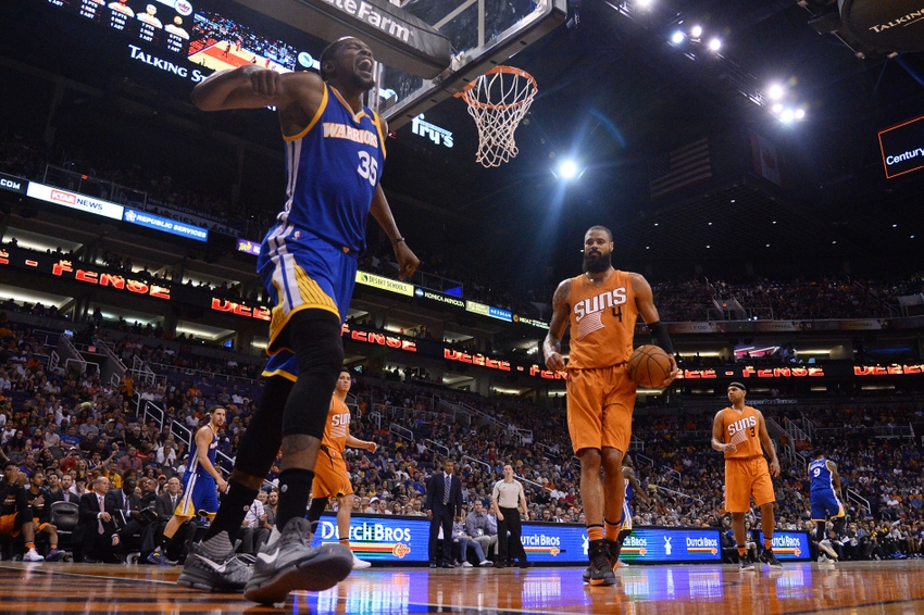 Oct 30, 2016; Phoenix, AZ, USA; Golden State Warriors forward Kevin Durant (35) reacts after scoring a basket against the Phoenix Suns during the second half at Talking Stick Resort Arena. The Warriors won 106-100. Mandatory Credit: Joe Camporeale-USA TODAY Sports