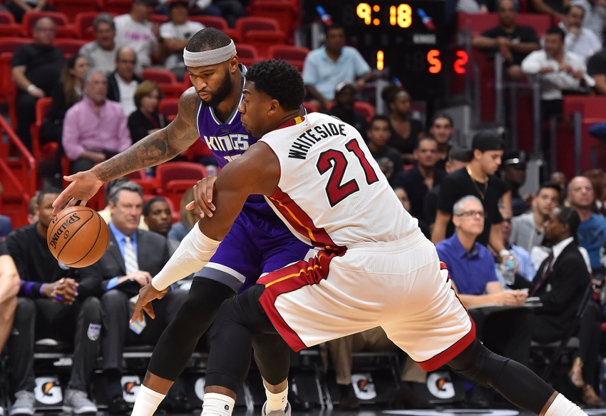 Nov 1, 2016; Miami, FL, USA; Sacramento Kings center DeMarcus Cousins (15) drives the ball around Miami Heat center Hassan Whiteside (21) during the first half at American Airlines Arena. Mandatory Credit: Jasen Vinlove-USA TODAY Sports