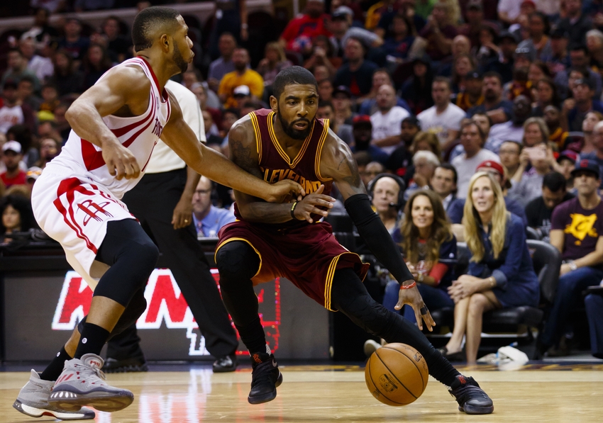 Nov 1, 2016; Cleveland, OH, USA; Cleveland Cavaliers guard Kyrie Irving (2) defended by Houston Rockets guard Eric Gordon (10) in the second half at Quicken Loans Arena. Cleveland won 128-120. Mandatory Credit: Rick Osentoski-USA TODAY Sports