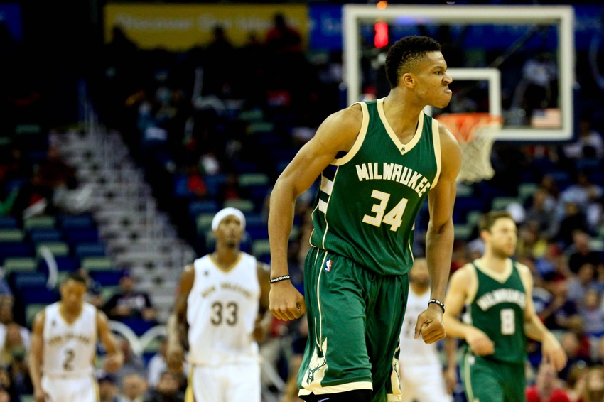 Nov 1, 2016; New Orleans, LA, USA; Milwaukee Bucks forward Giannis Antetokounmpo (34) reacts after a basket against the New Orleans Pelicans during the fourth quarter of a game at the Smoothie King Center. The Bucks defeated the Pelicans 117-113. Mandatory Credit: Derick E. Hingle-USA TODAY Sports