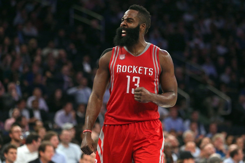 Nov 2, 2016; New York, NY, USA; Houston Rockets shooting guard James Harden (13) reacts during the third quarter against the New York Knicks at Madison Square Garden. Mandatory Credit: Brad Penner-USA TODAY Sports