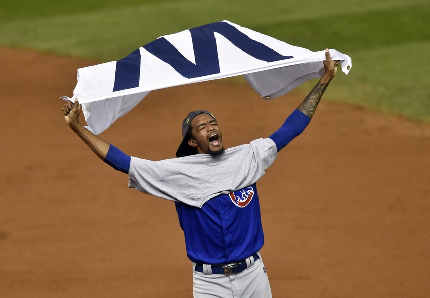 Nov 2, 2016; Cleveland, OH, USA; Chicago Cubs relief pitcher Carl Edwards (6) celebrates after defeating the Cleveland Indians in game seven of the 2016 World Series at Progressive Field. Mandatory Credit: David Richard-USA TODAY Sports