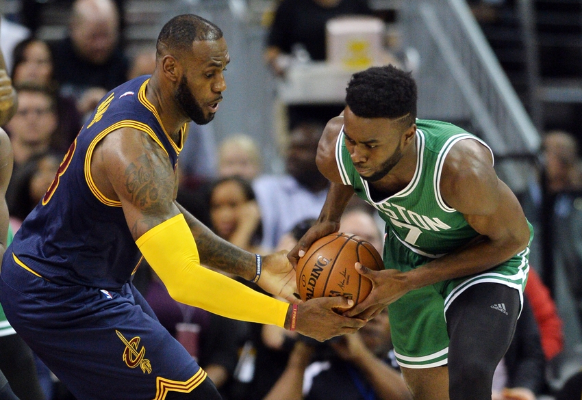 Nov 3, 2016; Cleveland, OH, USA; Cleveland Cavaliers forward LeBron James (23) fights for the ball with Boston Celtics forward Jaylen Brown (7) during the first quarter at Quicken Loans Arena. Mandatory Credit: Ken Blaze-USA TODAY Sports