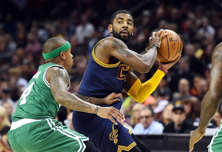 Nov 3, 2016; Cleveland, OH, USA; Boston Celtics guard Isaiah Thomas (4) guards Cleveland Cavaliers guard Kyrie Irving (2) during the first quarter at Quicken Loans Arena. Mandatory Credit: Ken Blaze-USA TODAY Sports
