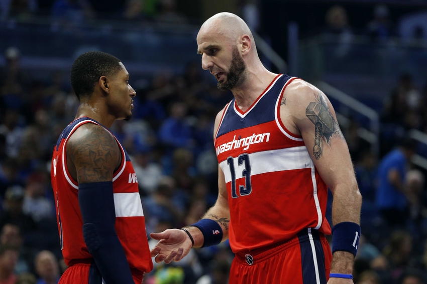 Nov 5, 2016; Orlando, FL, USA; Washington Wizards center Marcin Gortat (13) and guard Bradley Beal (3) talk against the Orlando Magic during the first quarter at Amway Center. Mandatory Credit: Kim Klement-USA TODAY Sports