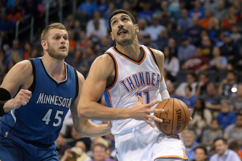 Nov 5, 2016; Oklahoma City, OK, USA; Oklahoma City Thunder center Enes Kanter (11) drives to the basket in front of Minnesota Timberwolves center Cole Aldrich (45) during the fourth quarter at Chesapeake Energy Arena. Mandatory Credit: Mark D. Smith-USA TODAY Sports