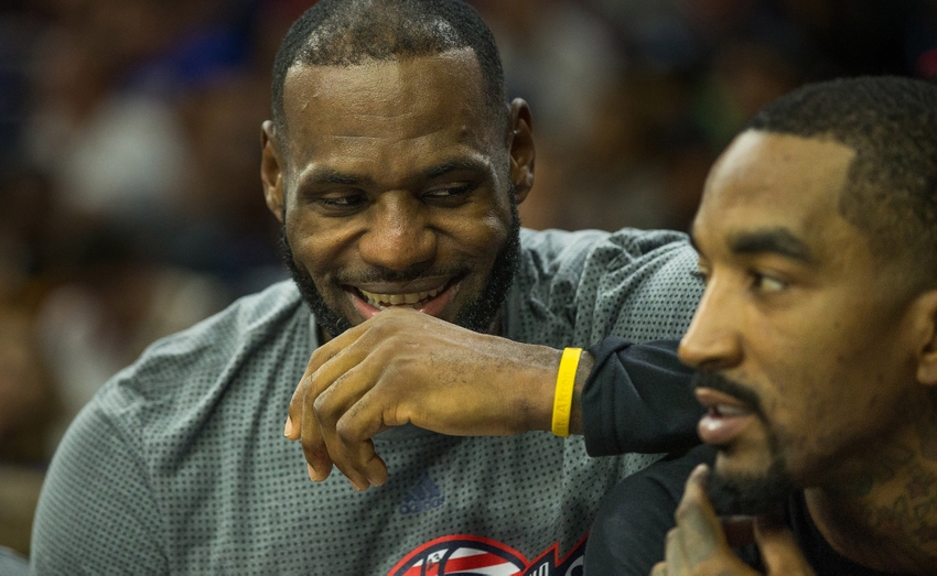 Nov 5, 2016; Philadelphia, PA, USA; Cleveland Cavaliers forward LeBron James (L) shares a lighter moment with guard J.R. Smith (R) during the second quarter against the Philadelphia 76ers at Wells Fargo Center. The Cleveland Cavaliers won 102-101. Mandatory Credit: Bill Streicher-USA TODAY Sports