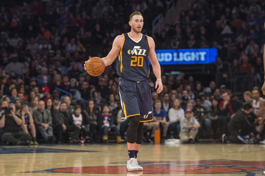 Nov 6, 2016; New York, NY, USA; Utah Jazz small forward Gordon Hayward (20) dribbles the ball up court against the New York Knicks during the third quarter at Madison Square Garden. Utah won 114-109. Mandatory Credit: Gregory J. Fisher-USA TODAY Sports