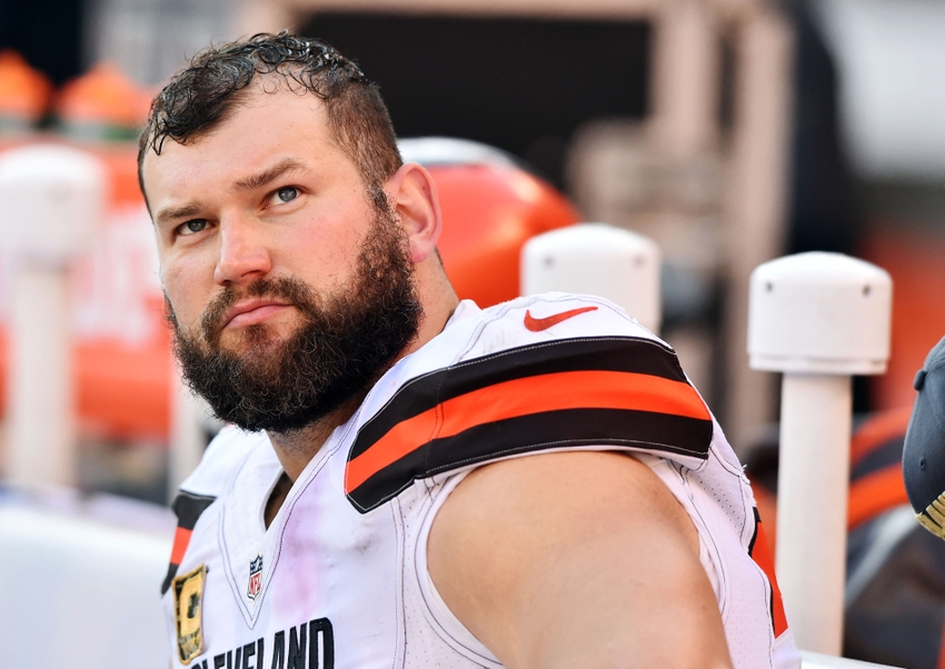 Nov 6, 2016; Cleveland, OH, USA; Cleveland Browns tackle Joe Thomas (73) looks on from the bench during the fourth quarter against the Dallas Cowboys at FirstEnergy Stadium. The Cowboys won 35-10. Mandatory Credit: Ken Blaze-USA TODAY Sports