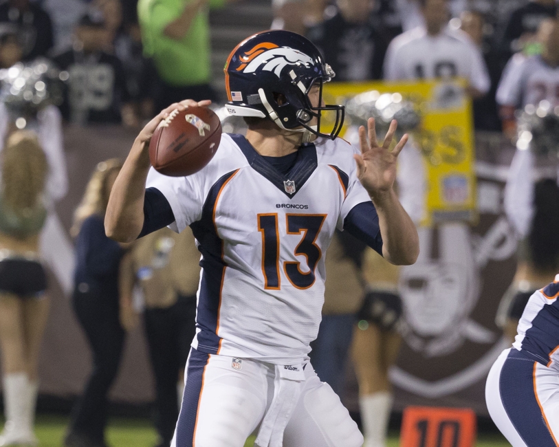 Nov 6, 2016; Oakland, CA, USA; Denver Broncos quarterback Trevor Siemian (13) passes the football against the Oakland Raiders during the first quarter at Oakland Coliseum. Mandatory Credit: Neville E. Guard-USA TODAY Sports
