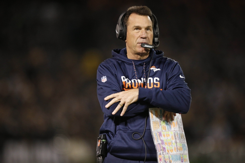 Nov 6, 2016; Oakland, CA, USA; Denver Broncos head coach Gary Kubiak stands on the sideline during action against the Oakland Raiders in the second quarter at Oakland Coliseum. Mandatory Credit: Cary Edmondson-USA TODAY Sports