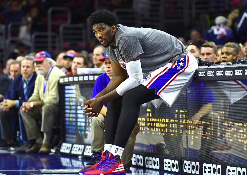 Nov 7, 2016; Philadelphia, PA, USA; Philadelphia 76ers center Joel Embiid (21) waits to enter the game against the Utah Jazz during the second quarter at Wells Fargo Center. Mandatory Credit: Eric Hartline-USA TODAY Sports