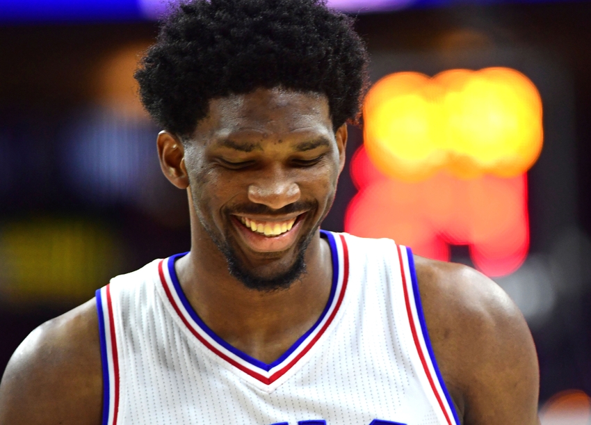Nov 7, 2016; Philadelphia, PA, USA; Philadelphia 76ers center Joel Embiid (21) reacts against the Utah Jazz during the second quarter at Wells Fargo Center. Mandatory Credit: Eric Hartline-USA TODAY Sports