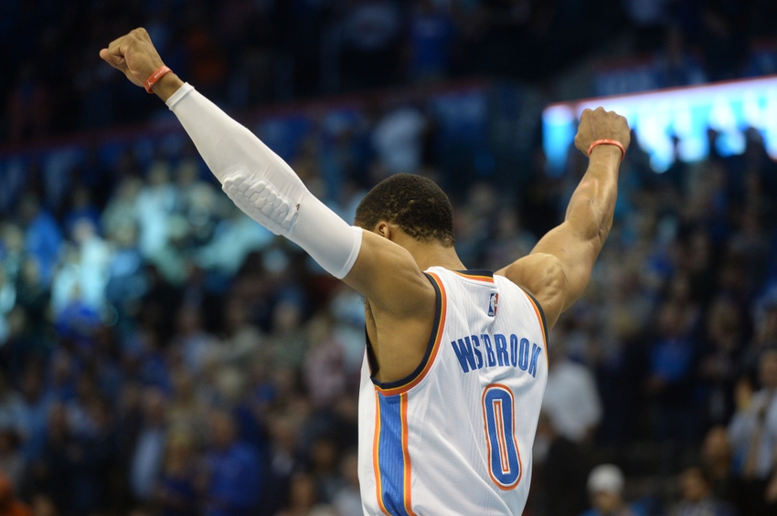 Nov 7, 2016; Oklahoma City, OK, USA; Oklahoma City Thunder guard Russell Westbrook (0) takes the court prior to action against the Miami Heat at Chesapeake Energy Arena. Mandatory Credit: Mark D. Smith-USA TODAY Sports