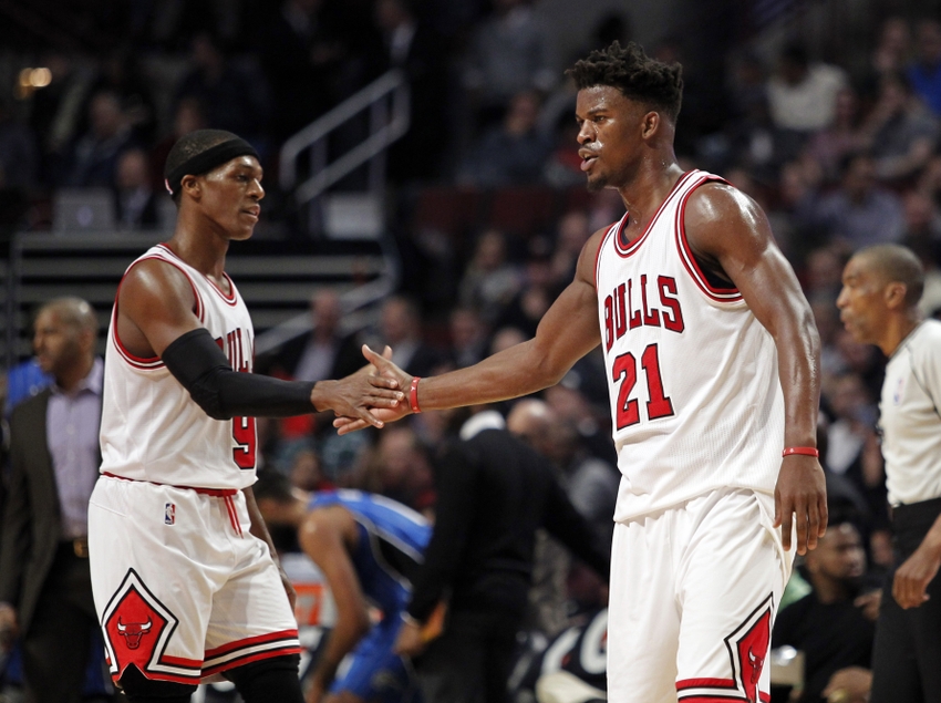 Nov 7, 2016; Chicago, IL, USA; Chicago Bulls guard Jimmy Butler (21) and guard Rajon Rondo (9) celebrate during the second half of the game against the Orlando Magic at United Center. Mandatory Credit: Caylor Arnold-USA TODAY Sports