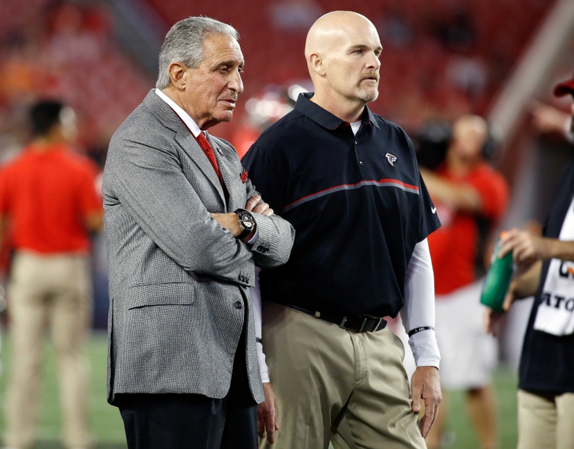 Nov 3, 2016; Tampa, FL, USA; Atlanta Falcons owner Arthur Blank and head coach Dan Quinn looks on prior to the game against the Tampa Bay Buccaneers at Raymond James Stadium. Mandatory Credit: Kim Klement-USA TODAY Sports