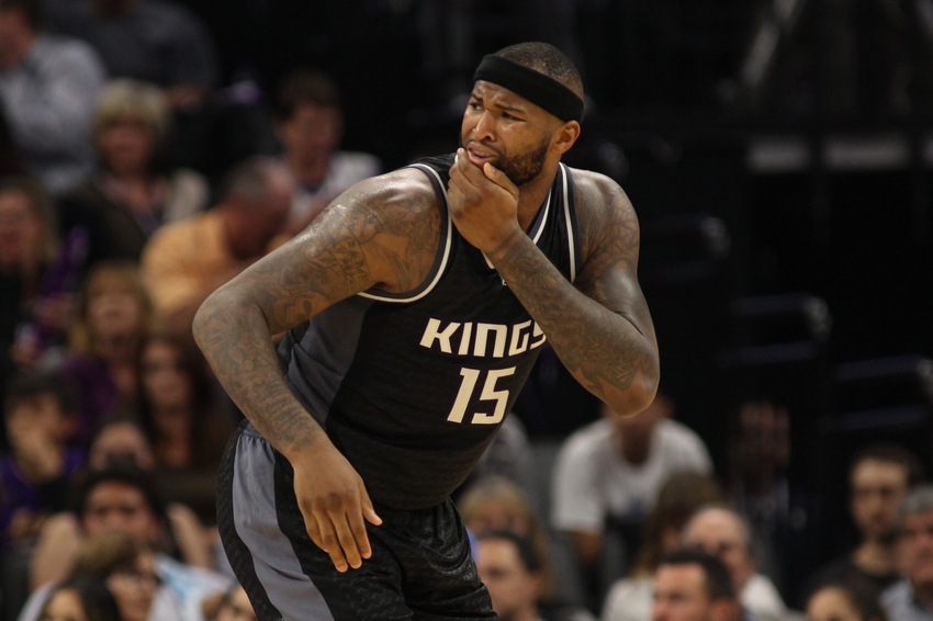 Nov 10, 2016; Sacramento, CA, USA; Sacramento Kings center DeMarcus Cousins (15) reacts to a play against the Los Angeles Lakers during the second half at Golden 1 Center. The Lakers won the game 101-91. Mandatory Credit: Sergio Estrada-USA TODAY Sports