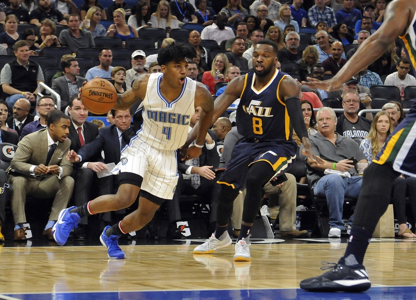 Nov 11, 2016; Orlando, FL, USA; Orlando Magic guard Elfrid Payton (4) drives to the basket against the Utah Jazzduring the first quarter at Amway Center. Mandatory Credit: Kim Klement-USA TODAY Sports
