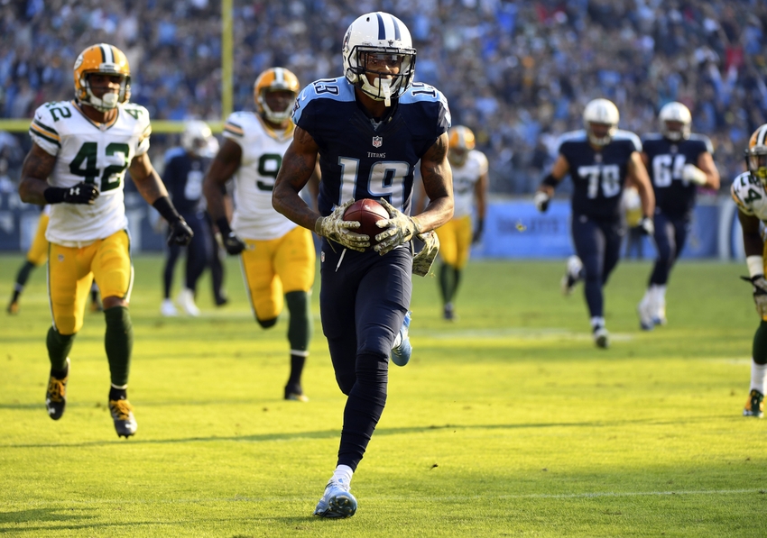 Nov 13, 2016; Nashville, TN, USA; Tennessee Titans wide receiver Tajae Sharpe (19) runs for a touchdown after a reception during the second half against the Green Bay Packers at Nissan Stadium. The Titans won 47-25. Mandatory Credit: Christopher Hanewinckel-USA TODAY Sports