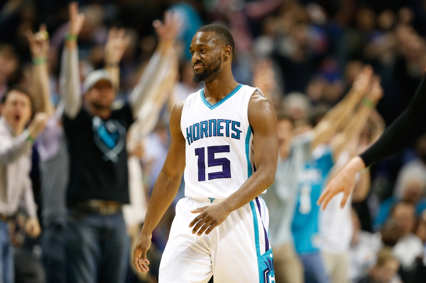 Nov 18, 2016; Charlotte, NC, USA; Charlotte Hornets guard Kemba Walker (15) reacts after hitting a three point shot in the second half against the Atlanta Hawks at Spectrum Center. The Hornets defeated the Hawks 100-96. Mandatory Credit: Jeremy Brevard-USA TODAY Sports