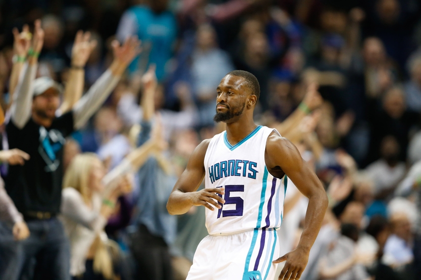 Nov 18, 2016; Charlotte, NC, USA; Charlotte Hornets guard Kemba Walker (15) reacts after hitting a three point shot in the second half against the Atlanta Hawks at Spectrum Center. The Hornets defeated the Hawks 100-96. Mandatory Credit: Jeremy Brevard-USA TODAY Sports