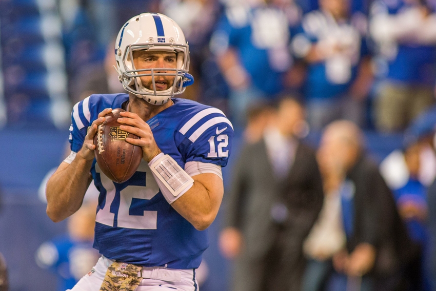 Nov 20, 2016; Indianapolis, IN, USA; Indianapolis Colts quarterback Andrew Luck (12) warms up passing the ball before the game against the Tennessee Titans at Lucas Oil Stadium. Mandatory Credit: Trevor Ruszkowski-USA TODAY Sports