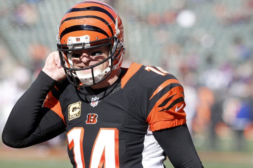 Nov 20, 2016; Cincinnati, OH, USA; Cincinnati Bengals quarterback Andy Dalton walks off the field after warming up at the beginning of a game with the Buffalo Bills at Paul Brown Stadium. Mandatory Credit: David Kohl-USA TODAY Sports