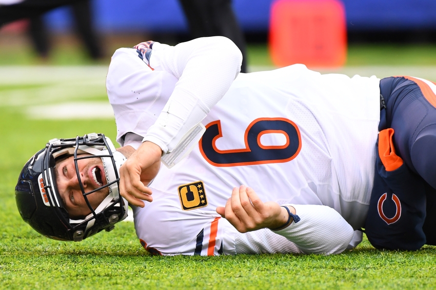Nov 20, 2016; East Rutherford, NJ, USA; Chicago Bears quarterback Jay Cutler (6) lays on the field after a late hit by New York Giants defensive end Olivier Vernon (54, not pictured) at MetLife Stadium. Mandatory Credit: Robert Deutsch-USA TODAY Sports