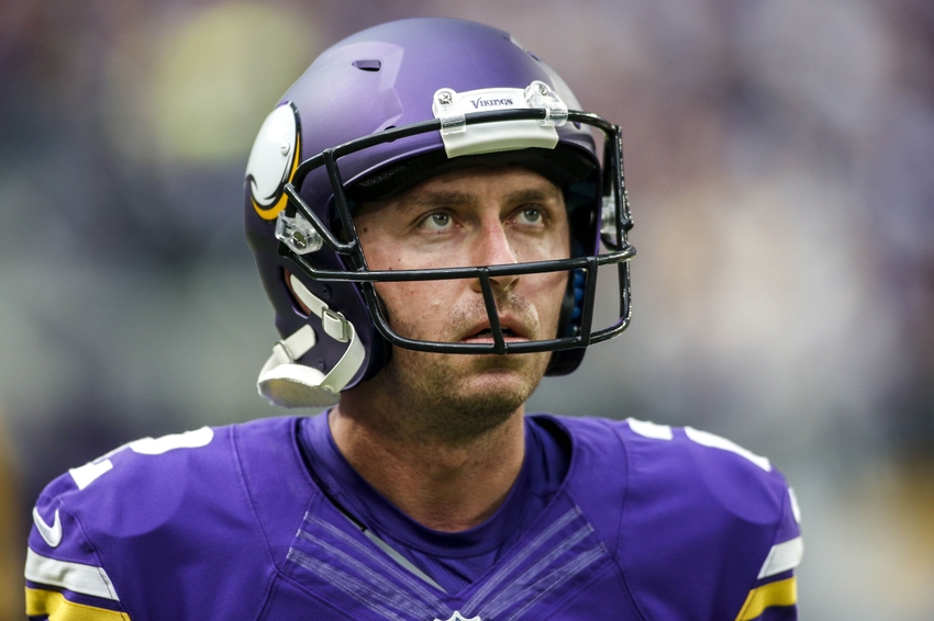 Nov 20, 2016; Minneapolis, MN, USA; New Minnesota Vikings kicker Kai Forbath (2) looks to the scoreboard during the game with the Arizona Cardinals at U.S. Bank Stadium. Mandatory Credit: Bruce Kluckhohn-USA TODAY Sports
