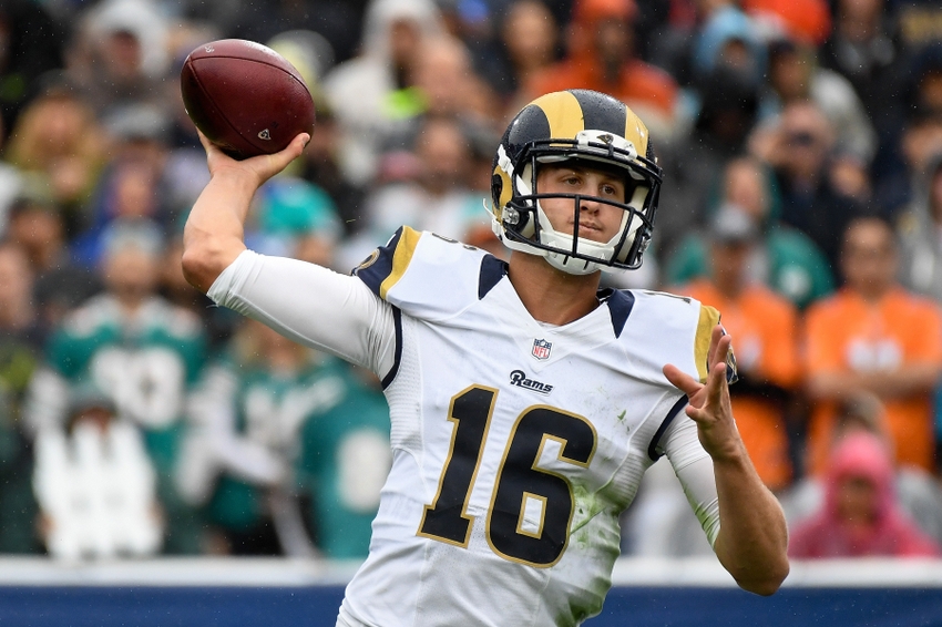 Nov 20, 2016; Los Angeles, CA, USA; Los Angeles Rams quarterback Jared Goff (16) passes against the Miami Dolphins during the first half of a NFL football game at Los Angeles Memorial Coliseum. Mandatory Credit: Kirby Lee-USA TODAY Sports