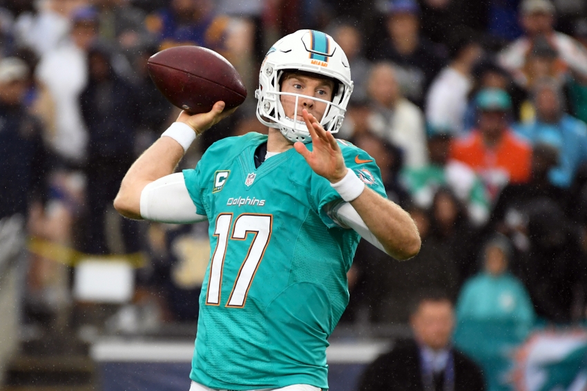 Nov 20, 2016; Los Angeles, CA, USA; Miami Dolphins quarterback Ryan Tannehill (17) passes against the Los Angeles Rams during the second half of a NFL football game at Los Angeles Memorial Coliseum. Mandatory Credit: Kirby Lee-USA TODAY Sports