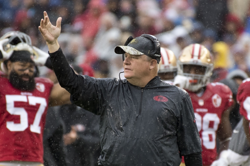November 20, 2016; Santa Clara, CA, USA; San Francisco 49ers head coach Chip Kelly instructs during the first quarter against the New England Patriots at Levi