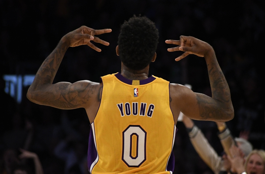 Nov 22, 2016; Los Angeles, CA, USA; Los Angeles Lakers guard Nick Young (0) celebrates after a play during the first quarter against the Oklahoma City Thunder at Staples Center. Mandatory Credit: Richard Mackson-USA TODAY Sports