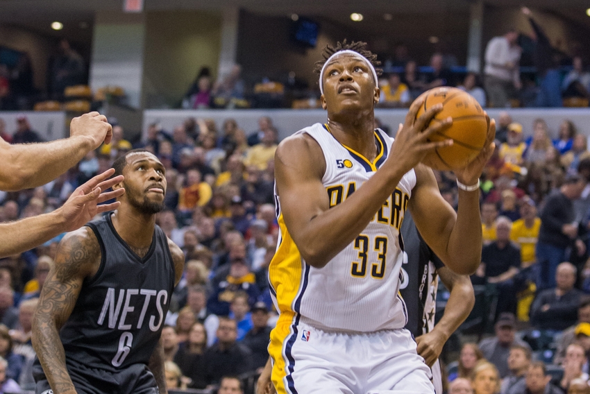 Nov 25, 2016; Indianapolis, IN, USA; Indiana Pacers center Myles Turner (33) shoots the ball while Brooklyn Nets guard Sean Kilpatrick (6) defends in the first half of the game at Bankers Life Fieldhouse. Mandatory Credit: Trevor Ruszkowski-USA TODAY Sports