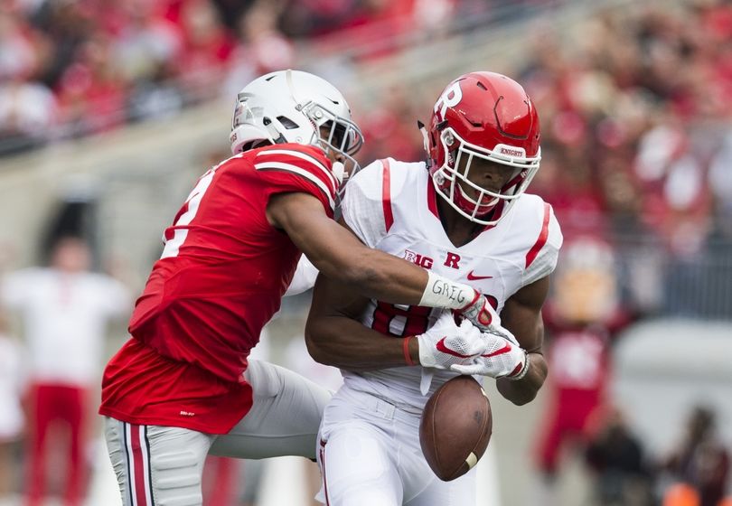 Oct 1, 2016; Columbus, OH, USA; Ohio State Buckeyes cornerback Marshon Lattimore (2) knocks the ball out of the hands of Rutgers Scarlet Knights wide receiver Andre Patton (88) at Ohio Stadium. Mandatory Credit: Greg Bartram-USA TODAY Sports