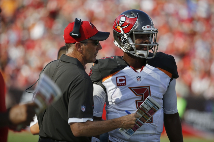 Oct 2, 2016; Tampa, FL, USA; Tampa Bay Buccaneers quarterback Jameis Winston (3) talks with head coach Dirk Koetter against the Denver Broncos during the first half at Raymond James Stadium. Mandatory Credit: Kim Klement-USA TODAY Sports