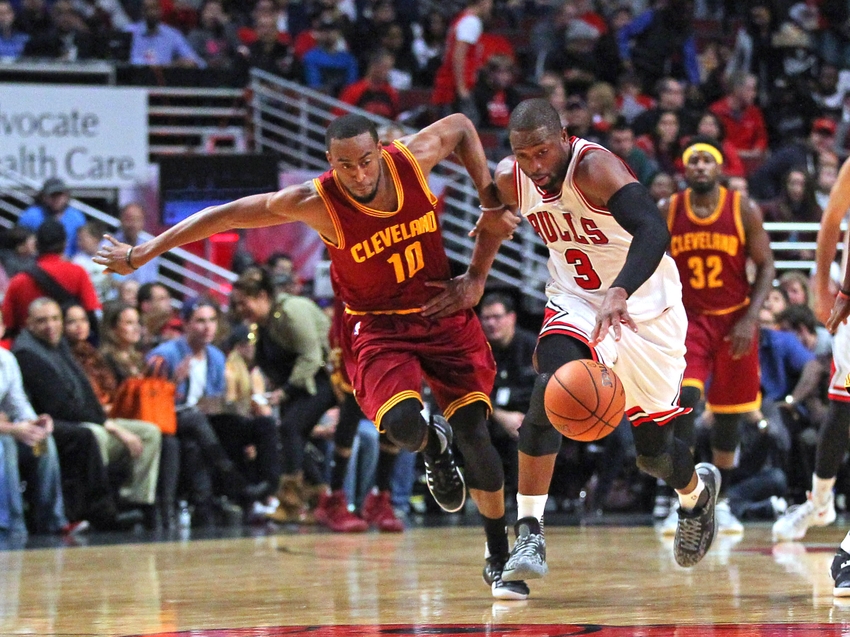 Oct 14, 2016; Chicago, IL, USA; Chicago Bulls guard Dwyane Wade (3) steals the ball from Cleveland Cavaliers guard Markel Brown (10) during the first half at the United Center. Mandatory Credit: Dennis Wierzbicki-USA TODAY Sports