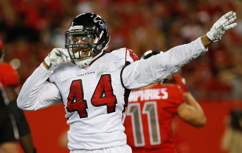 Nov 3, 2016; Tampa, FL, USA; Atlanta Falcons outside linebacker Vic Beasley (44) reacts to a recovered fumble during the first quarter of a football game against the Tampa Bay Buccaneers at Raymond James Stadium. Mandatory Credit: Reinhold Matay-USA TODAY Sports