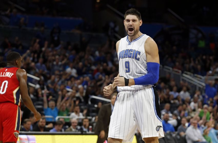 Nov 16, 2016; Orlando, FL, USA; Orlando Magic center Nikola Vucevic (9) celebrates after scoring against the New Orleans Pelicans during the second half at Amway Center. The Magic won 89-82. Mandatory Credit: Kim Klement-USA TODAY Sports