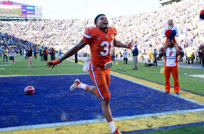 Nov 19, 2016; Baton Rouge, LA, USA; Florida Gators defensive back Teez Tabor (31) celebrates the win over the LSU Tigers at Tiger Stadium. The Gators defeat the Tigers 16-10. Mandatory Credit: Jerome Miron-USA TODAY Sports
