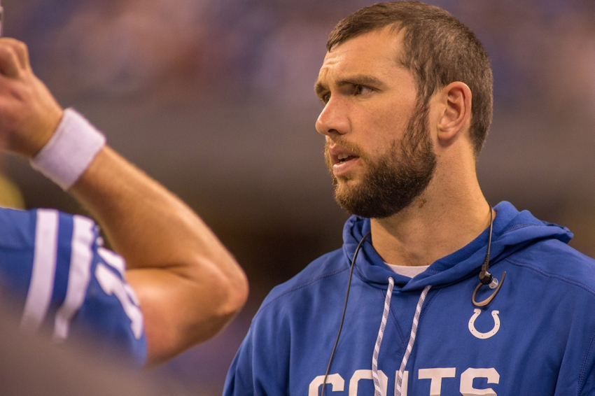 Nov 24, 2016; Indianapolis, IN, USA; Indianapolis Colts quarterback Andrew Luck (12) on the sideline in the second half of the game against the Pittsburgh Steelers at Lucas Oil Stadium. The Pittsburgh Steelers beat the Indianapolis Colts 28-7. Mandatory Credit: Trevor Ruszkowski-USA TODAY Sports