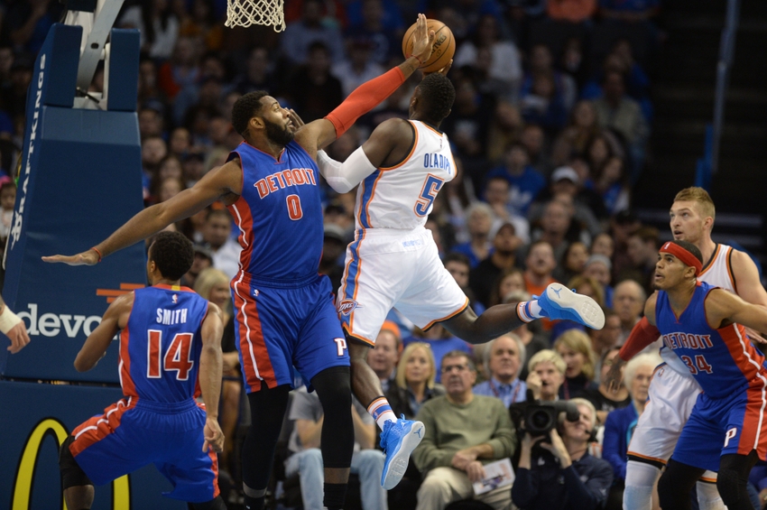 Nov 26, 2016; Oklahoma City, OK, USA; Detroit Pistons center Andre Drummond (0) attempts to block a shot attempt by Oklahoma City Thunder guard Victor Oladipo (5) during the second quarter at Chesapeake Energy Arena. Mandatory Credit: Mark D. Smith-USA TODAY Sports