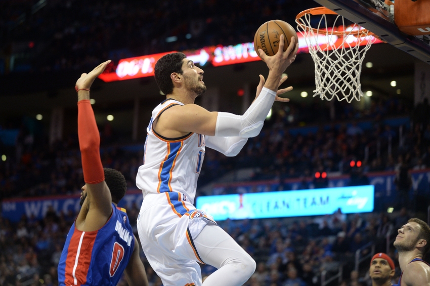 Nov 26, 2016; Oklahoma City, OK, USA; Oklahoma City Thunder center Enes Kanter (11) drives to the basket in front of Detroit Pistons center Andre Drummond (0) during the fourth quarter at Chesapeake Energy Arena. Mandatory Credit: Mark D. Smith-USA TODAY Sports