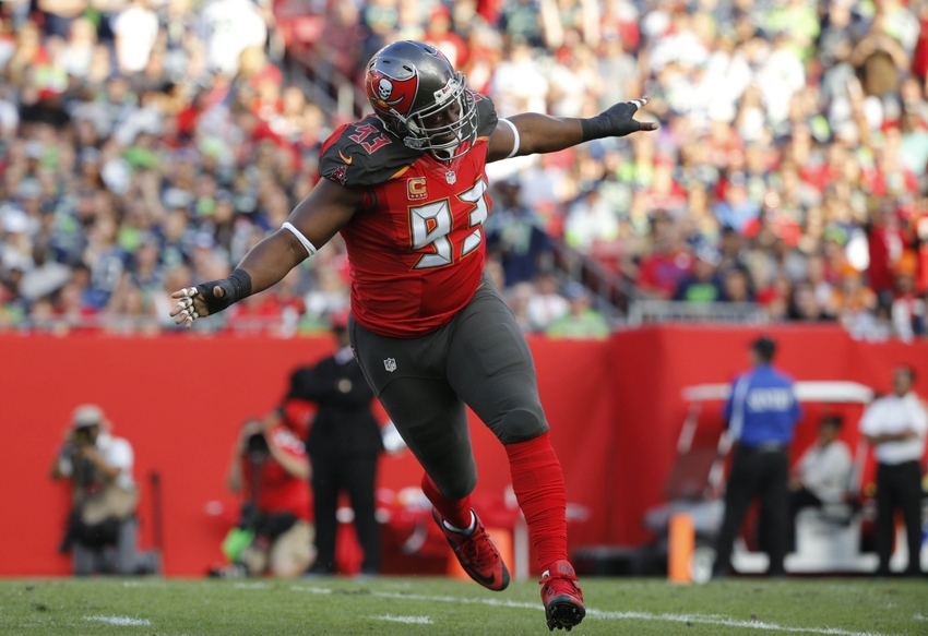 Nov 27, 2016; Tampa, FL, USA;Tampa Bay Buccaneers defensive tackle Gerald McCoy (93) celebrates after they sacked Seattle Seahawks quarterback Russell Wilson (3) (not pictured) during the first quarter at Raymond James Stadium. Mandatory Credit: Kim Klement-USA TODAY Sports