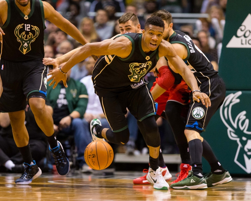 Nov 25, 2016; Milwaukee, WI, USA; Milwaukee Bucks forward Giannis Antetokounmpo (34) during the game against Toronto Raptors at BMO Harris Bradley Center. Toronto won 105-99. Mandatory Credit: Jeff Hanisch-USA TODAY Sports