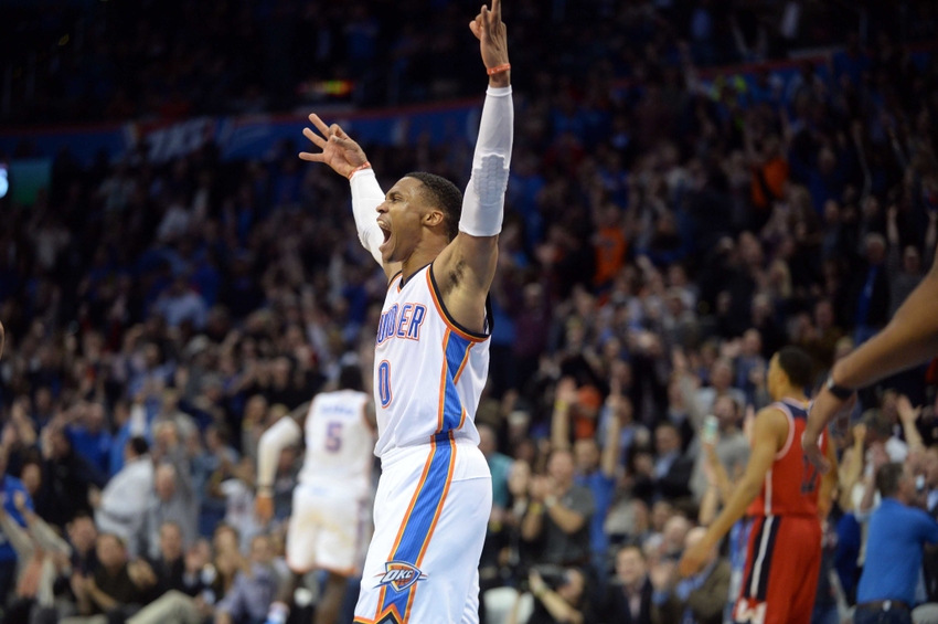 Nov 30, 2016; Oklahoma City, OK, USA; Oklahoma City Thunder guard Russell Westbrook (0) reacts after a play against the Washington Wizards during overtime at Chesapeake Energy Arena. Mandatory Credit: Mark D. Smith-USA TODAY Sports
