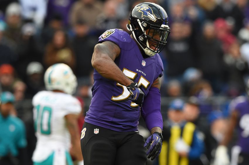 Dec 4, 2016; Baltimore, MD, USA; Baltimore Ravens outside linebacker Terrell Suggs (55) reacts after a play during the second half against the Miami Dolphins at M&T Bank Stadium. Baltimore Ravens defeated Miami Dolphins 38-6. Mandatory Credit: Tommy Gilligan-USA TODAY Sports