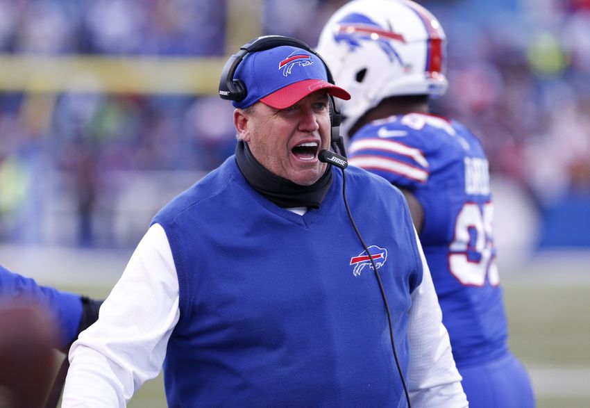 Dec 18, 2016; Orchard Park, NY, USA; Buffalo Bills head coach Rex Ryan reacts to his team scoring a touchdown during the second half against the Cleveland Browns at New Era Field. Buffalo beats Cleveland 33 to 13. Mandatory Credit: Timothy T. Ludwig-USA TODAY Sports
